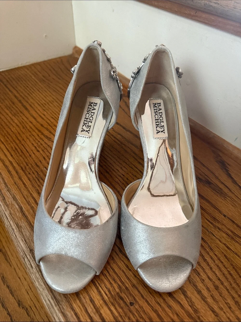 Badgley Mischka Silver Crystal-Embellished Peep-Toe Wedges